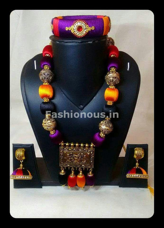 Muticolor Silk Balls with Ganesh Antique Pendant Silk Thread Jewellery Set-STJS-045