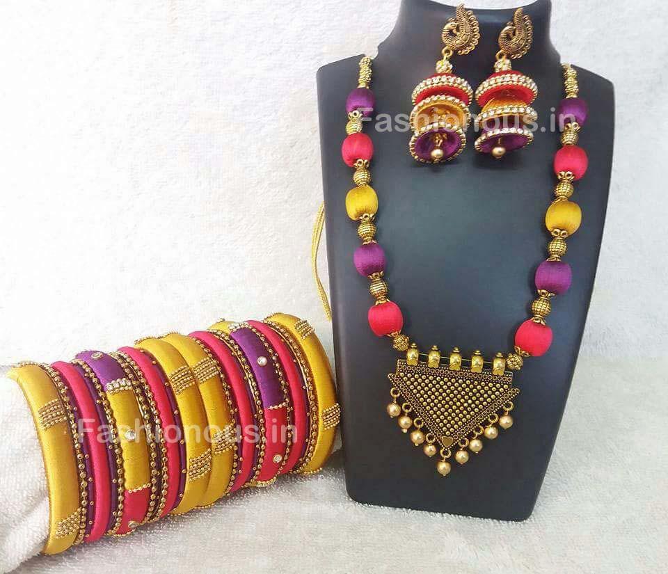 Muticolor Silk Balls with Triangular Antique Pendant Silk Thread Jewellery Set-STJS-046