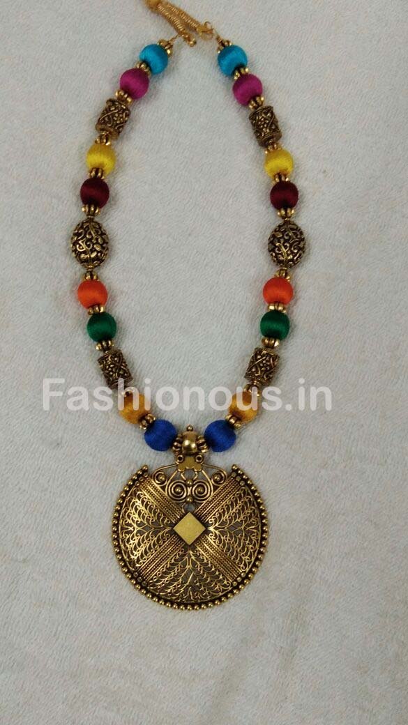 Muticolor Silk Thread Beads with Golden Round Oxidised Pendant-OXDJSW-030