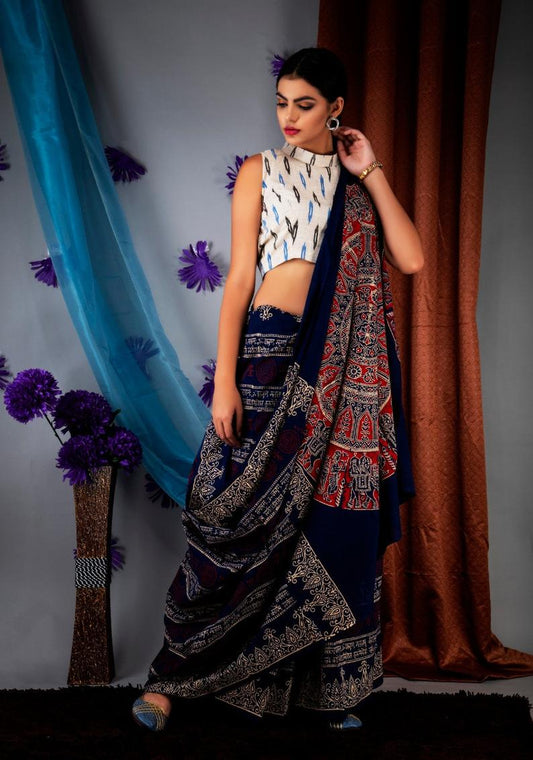 Natural Ajrakh Cotton Sareee
