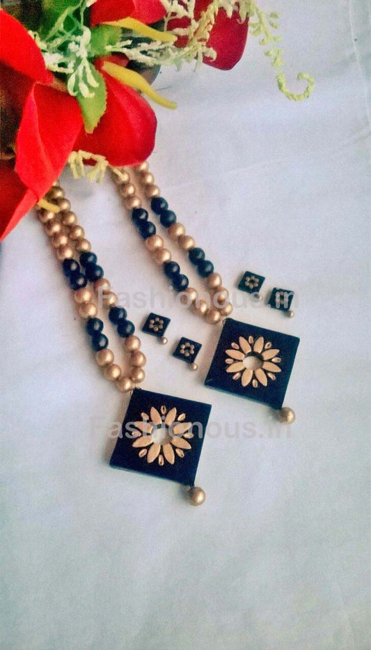 Navy Blue Floral Triangular Terracotta Pendant Set-TJS-039