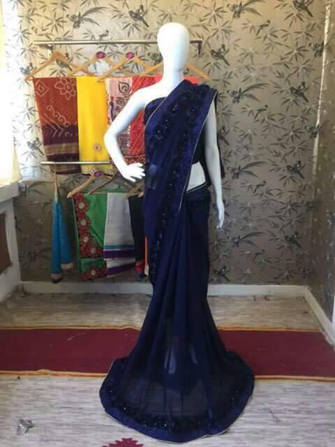 Navy Blue Georgette with Ribbon work and Rose Lace Designer Saree-SRE-207