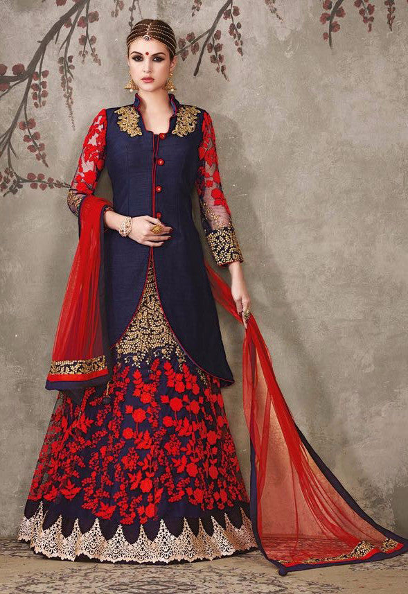 Navy Blue & Scarlet Red With Cream Embroidered Bridal Lehenga