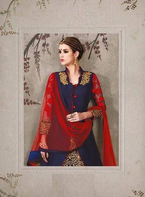 Navy Blue & Scarlet Red With Cream Embroidered Bridal Lehenga