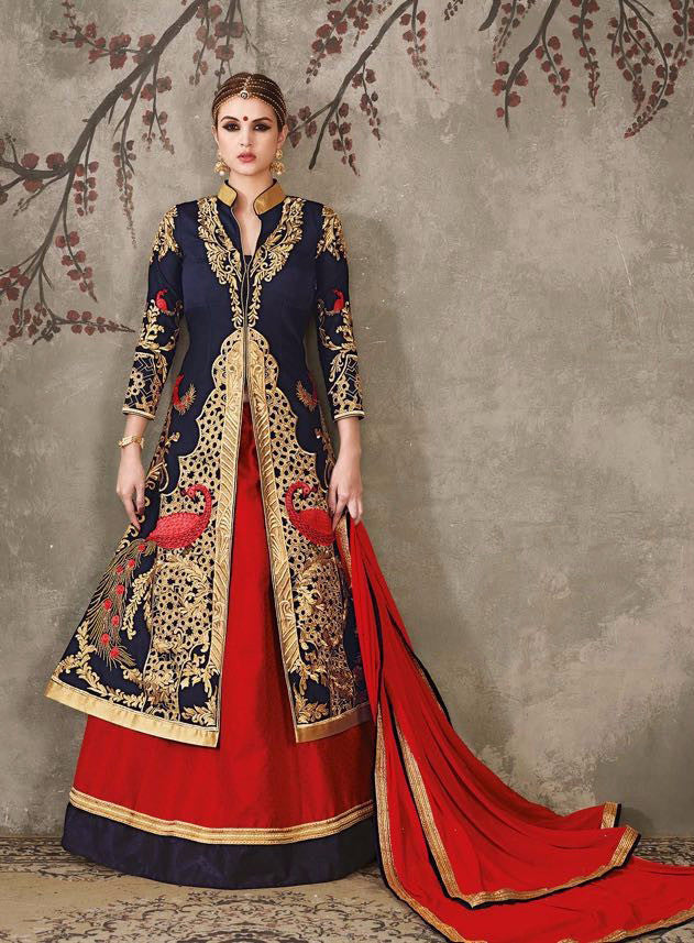 Navy Blue & Scarlet Red With Golden Embroidered Bridal Lehenga