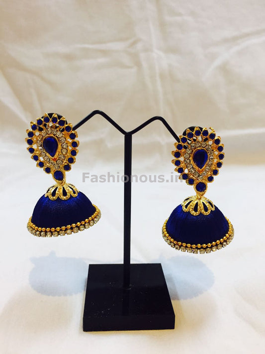 Navy Blue Stone Studded Droplet Silk Thread Jhumkas-STJH-020