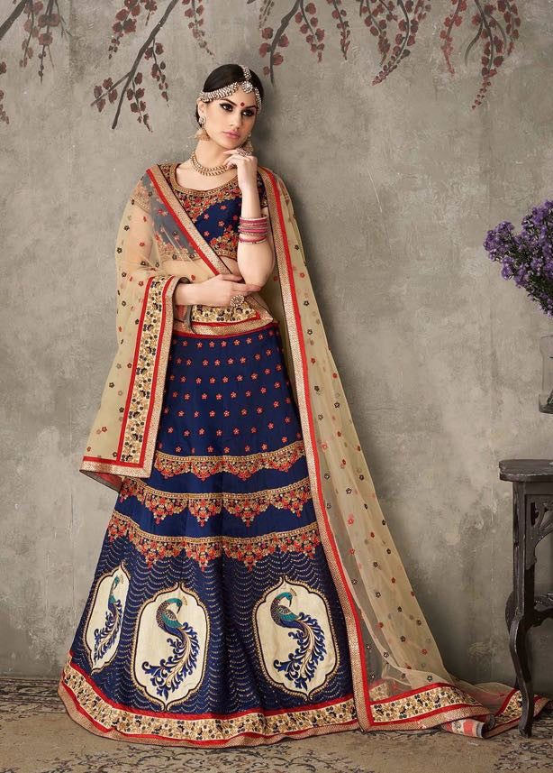 Navy Blue and Cream Color Embroidered Bridal Lehenga