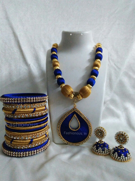Navy Blue and Golden Leaf Silk Thread Jewellery Set