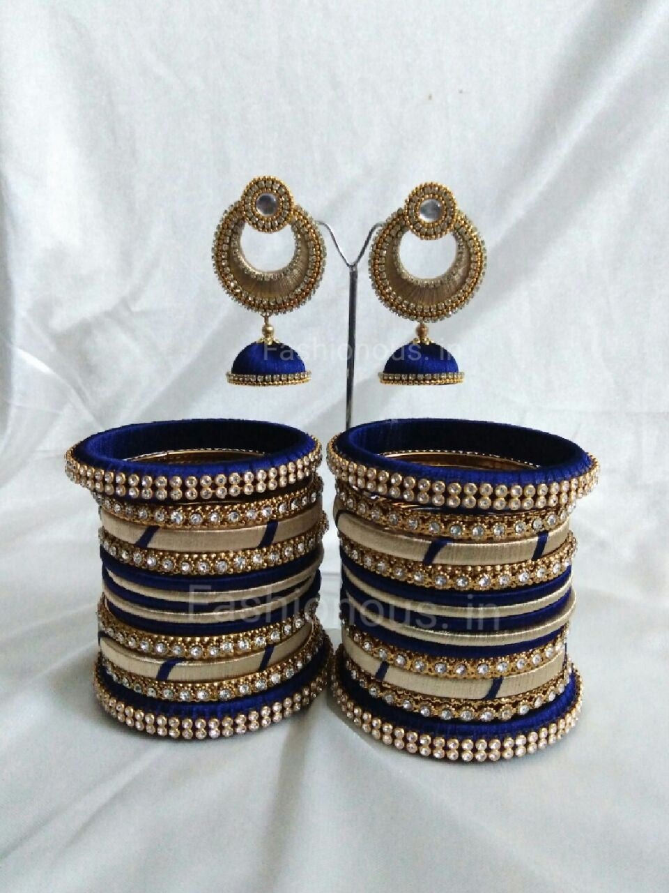 Navy Blue and Golden Silk Thread Bangles and Earrings