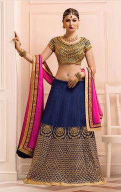 Navy Blue and Pink Embroidered Bridal Lehenga