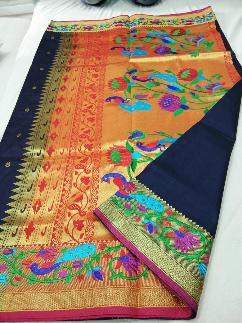 Navy Blue with Pink Border Peacock Designed Pallu Paithani Saree-PAITHANI-080