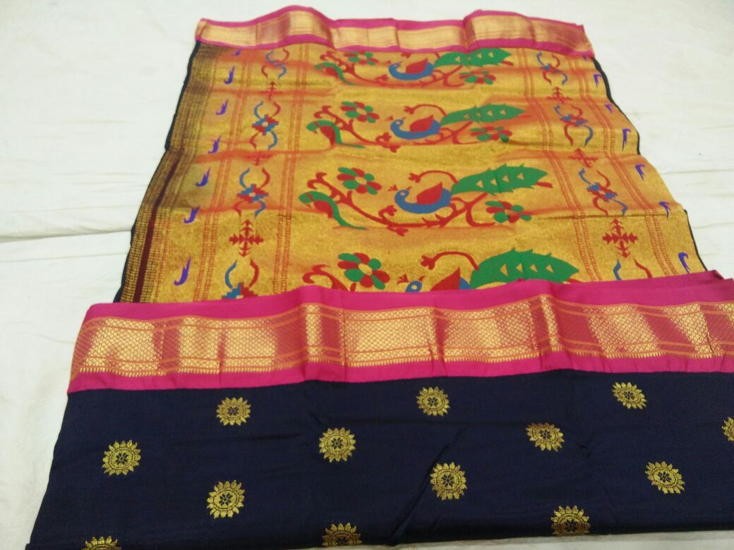 Navy Blue with Pink Border Peacock Pallu Paithani Saree-PAITHANI-090