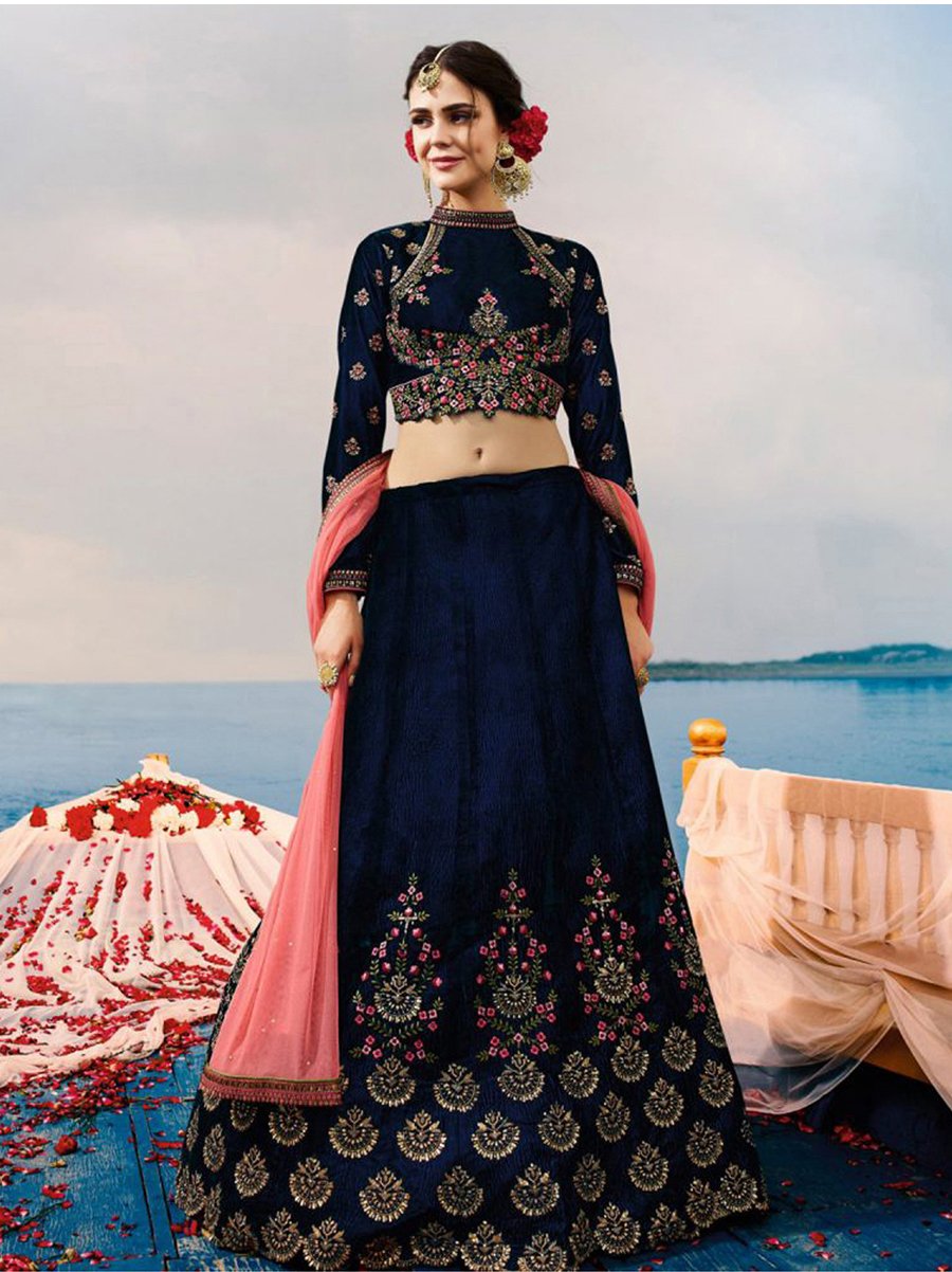 Navy Blue with Pink Floral Embroidery Banglori Silk Lehenga-LKELG-005