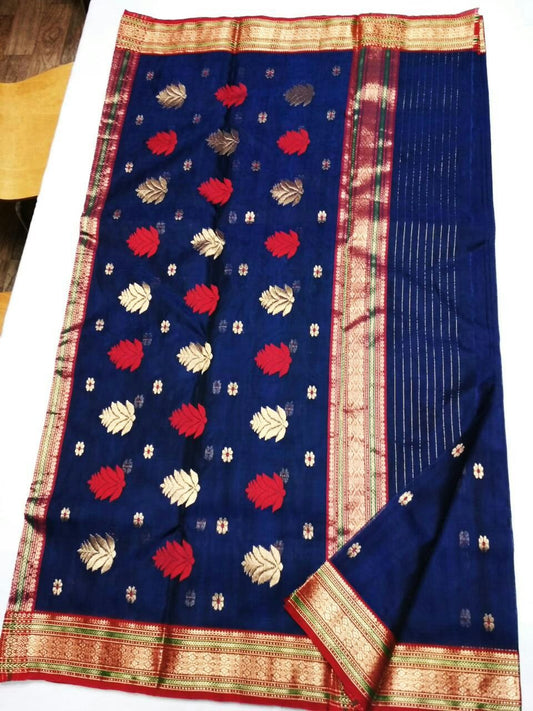 Royal Blue Chanderi Silk Saree With Red-Gold Border And Leaf Design