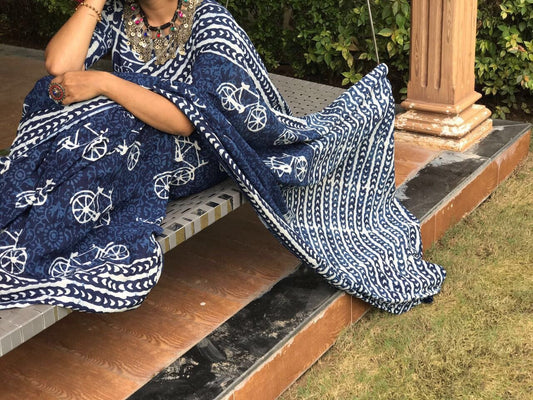 Navy Blue with White Cycle Pure Cotton Saree-SRE-309