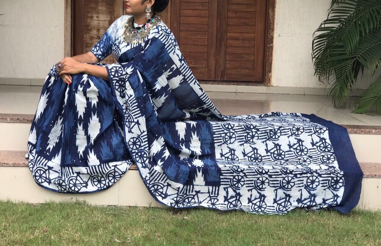 Navy Blue with White Cycle Pure Cotton Saree-SRE-313