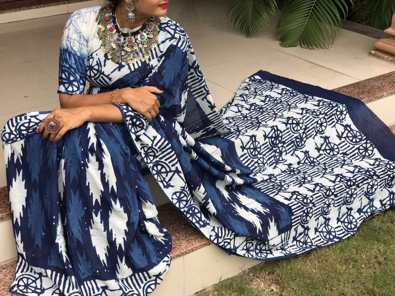 Navy Blue with White Cycle Pure Cotton Saree