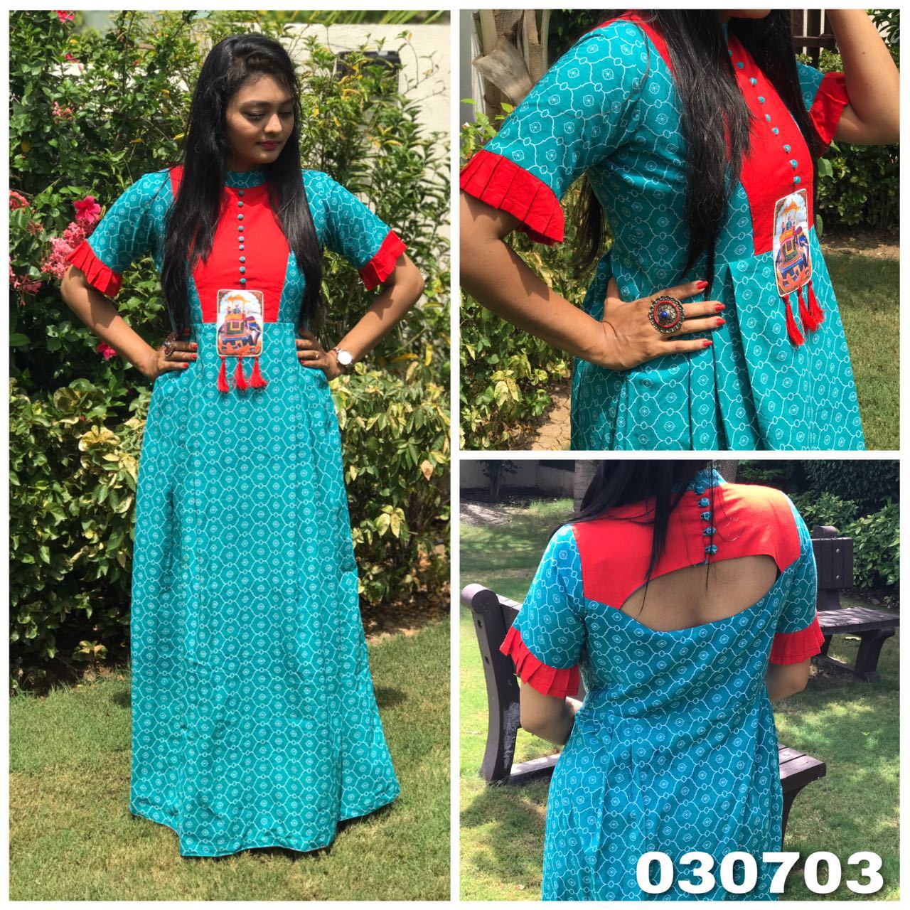 Turquoise Blue and Red American Crepe Digital Printed Long Gown-WLG-003