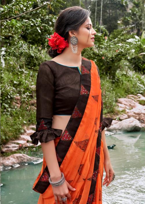 Buy Black (Orange Border) Handwoven Bengali Tant Cotton Saree (With Blouse)  Zari Border 14116 | www.maanacreation.com