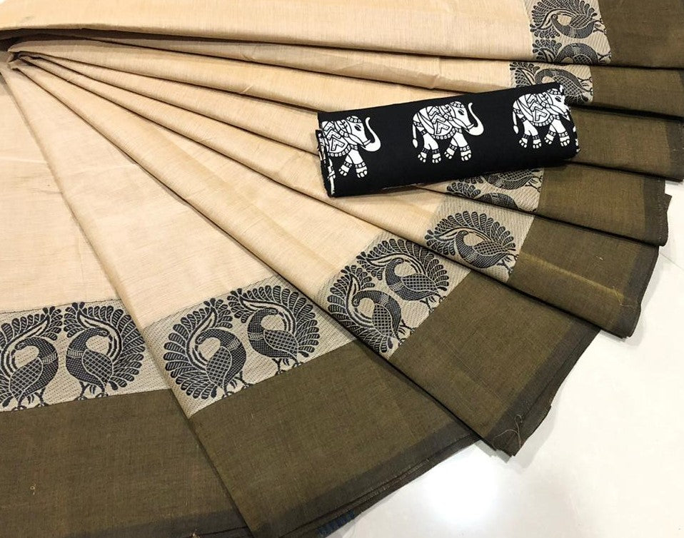 Off-white Cotton Saree with Peacock Motif