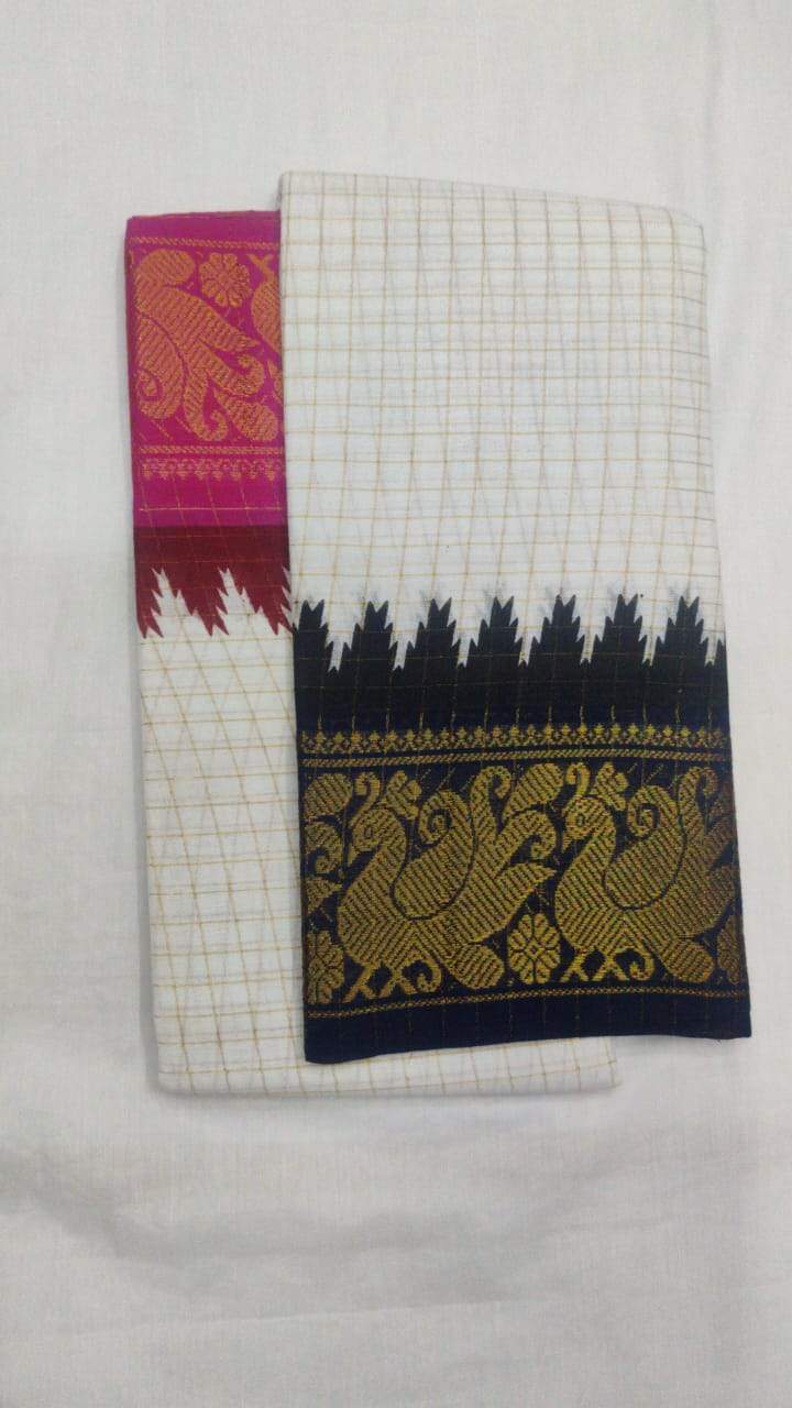 Off White with Black and Pink-Madurai Sungudi Sarees - Double side Jari Border
