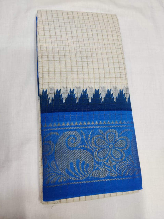Off White with Sky Blue Border-Madurai Sungudi Sarees - Double side Jari Border