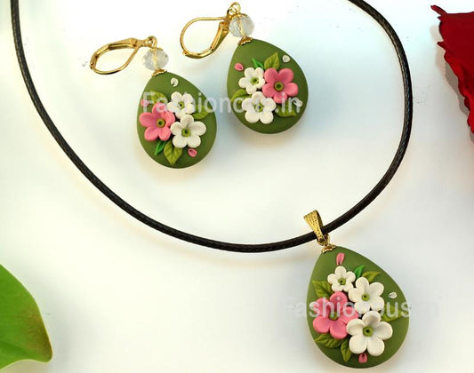 Olive Floral Necklace and  Earrings-ZAPCNS-037