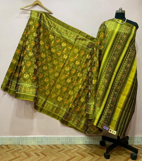 Olive Green with Bird and Elephant Motif Patola Silk Saree-PPSRE-026