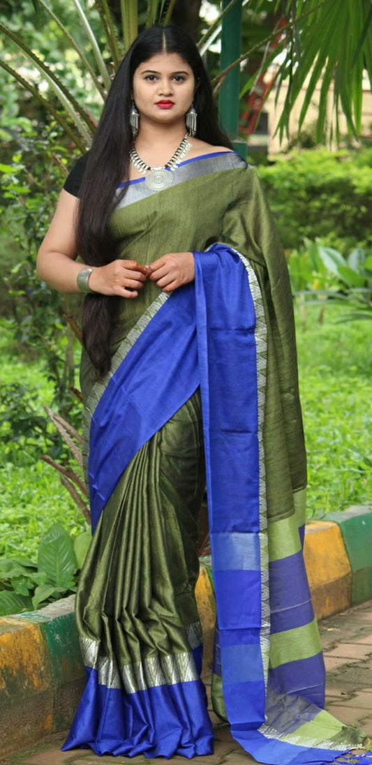 Olive Green Linen Saree (Blend)-LN406