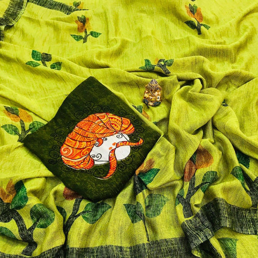 Olive Green Linen Saree with Embroidered Blouse-LNU005