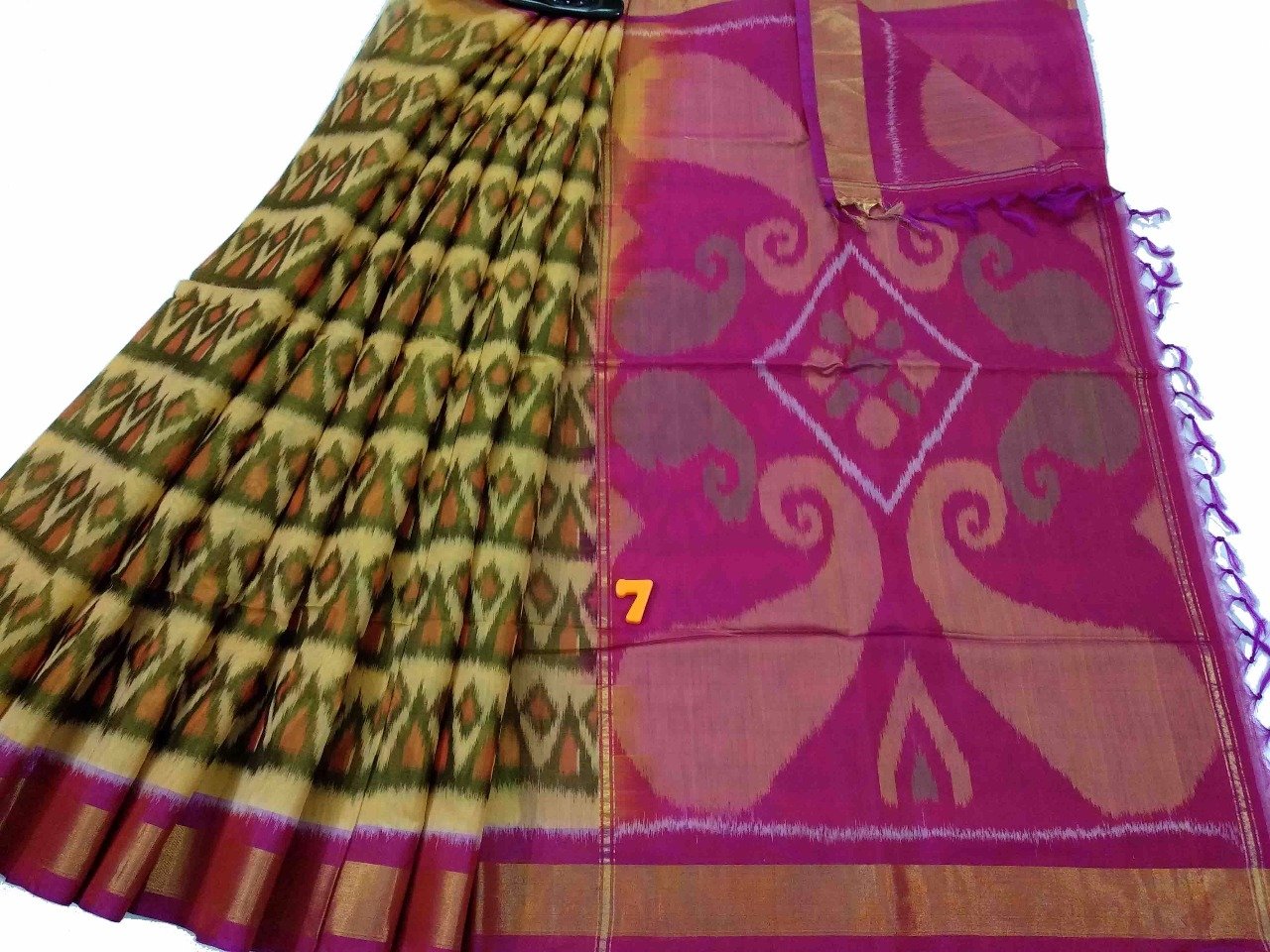 Olive Green and Pink Ikkat Silk Cotton Saree-SRE-781