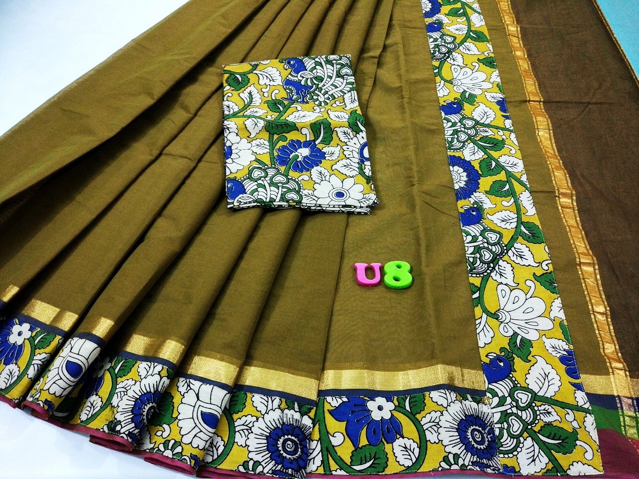 Olive Green with Kalamkari Blouse Kotta Mercerized Cotton Saree-SRE-820
