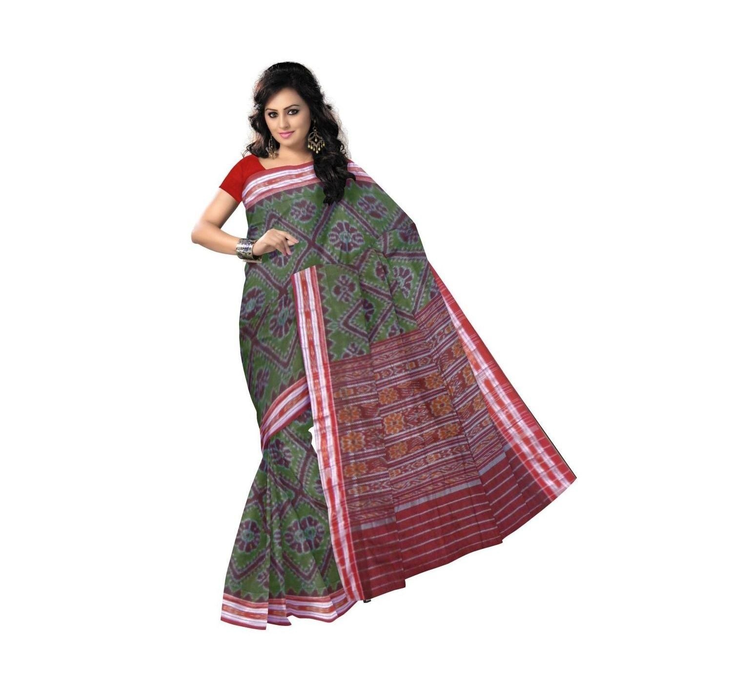 Olive Green with Maroon Handwoven Cotton Saree-OSS9057