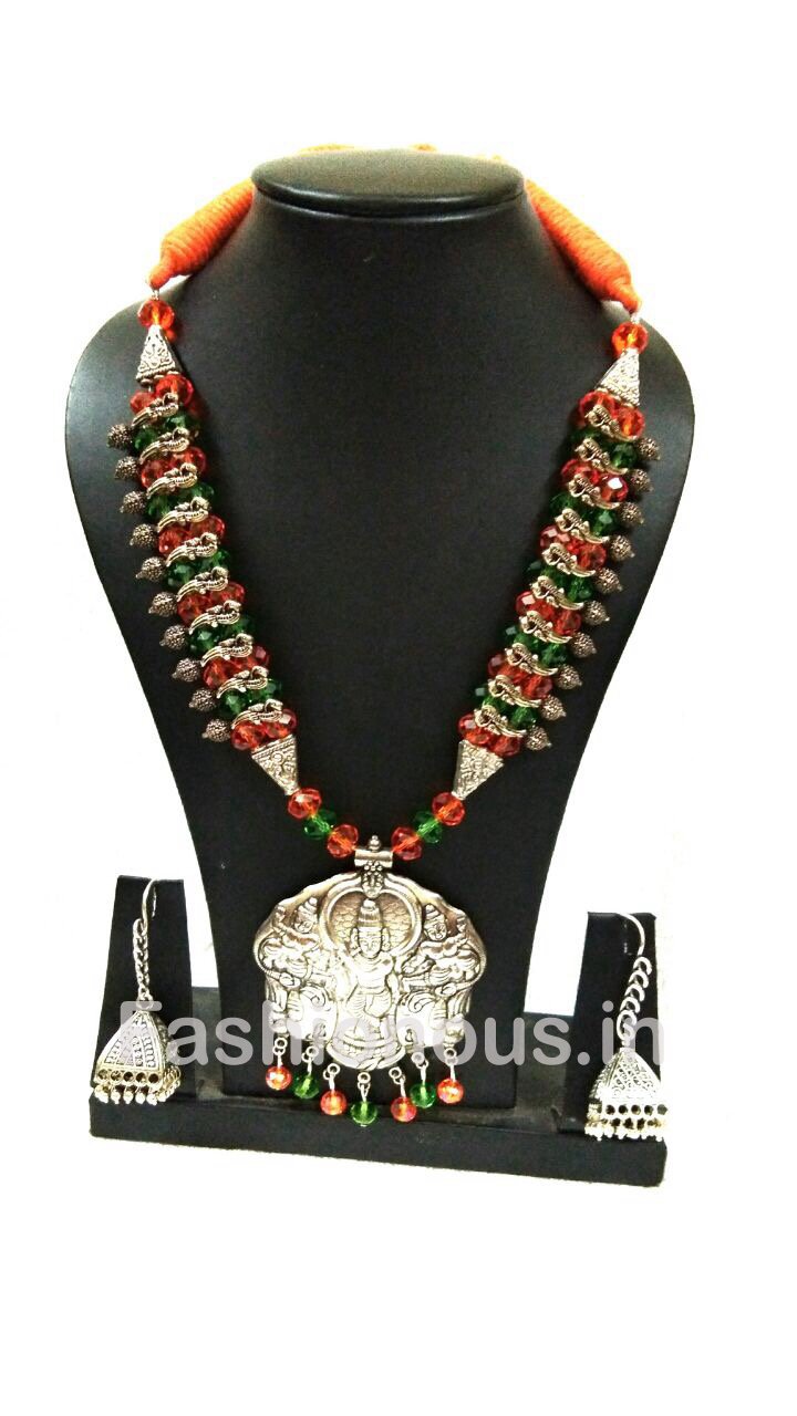 Orange And Green Krishnan Oxidized Necklace And Earrings-OXDJSW-011