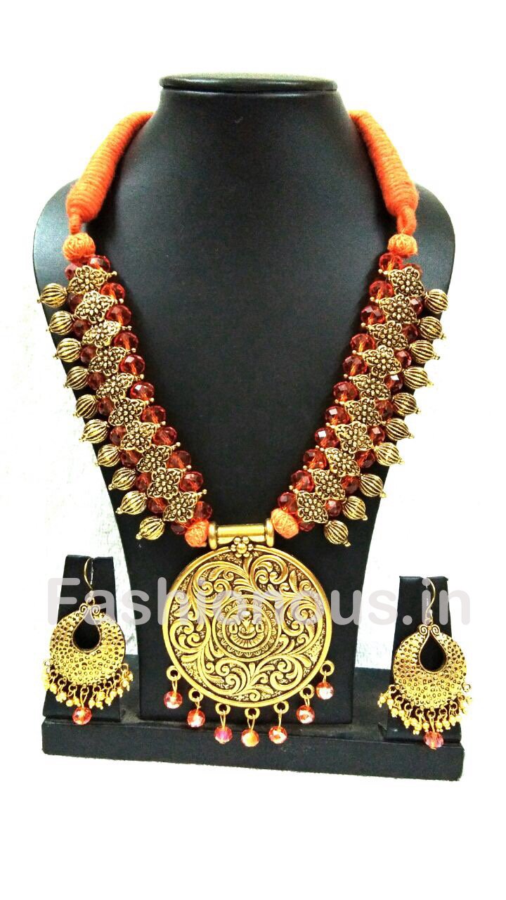 Orange Crystal With Golden Round Oxidized Pendant And Earrings-OXDJSW-020