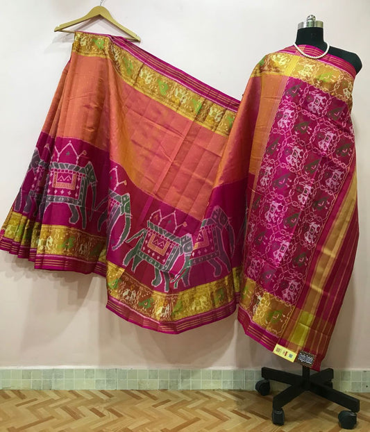 Orange Elephant Motif with Golden Border Patola Silk Saree-PPSRE-068