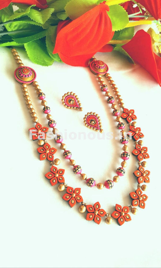 Orange Floral Design Terracotta Jewellery Set -TJS-022