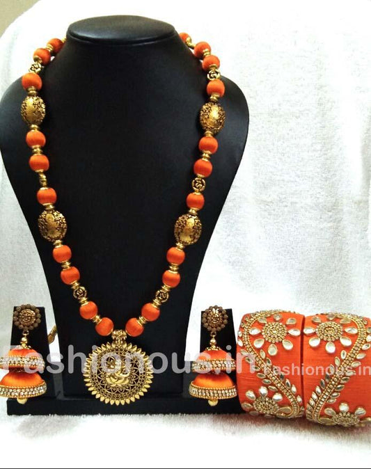 Orange Silk Balls With Antique Pendant Silk Thread Jewellery Set-STJSW-070
