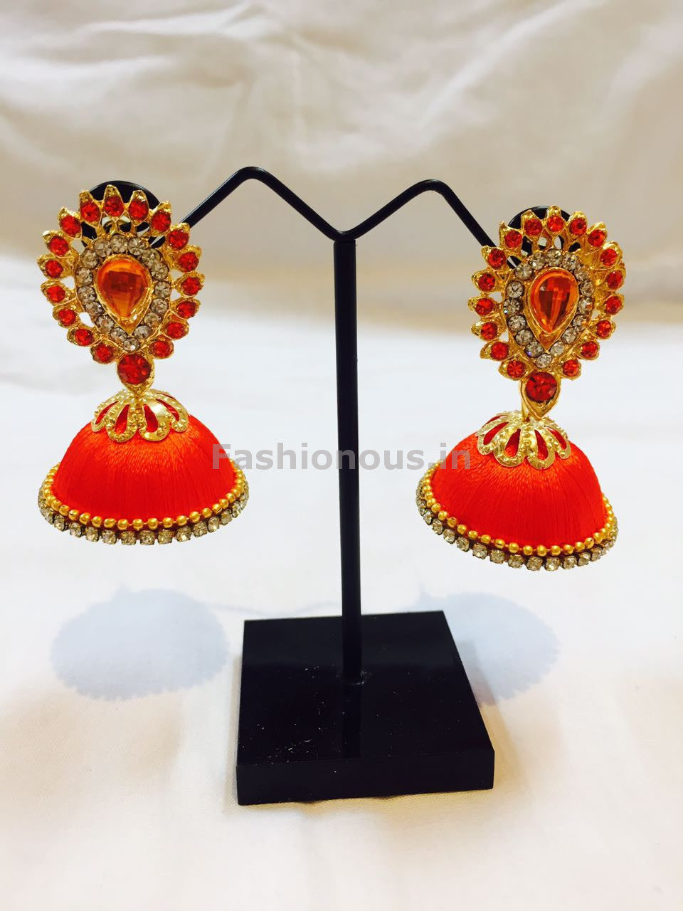 Orange Stone Studded Droplet Silk Thread Jhumkas-STJH-024