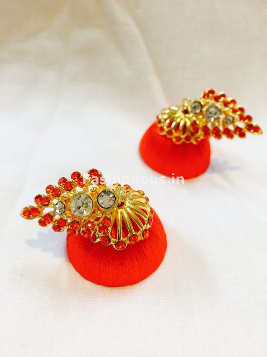 Orange Stone Studded Leaf Silk Thread Jhumkas-STJH-035