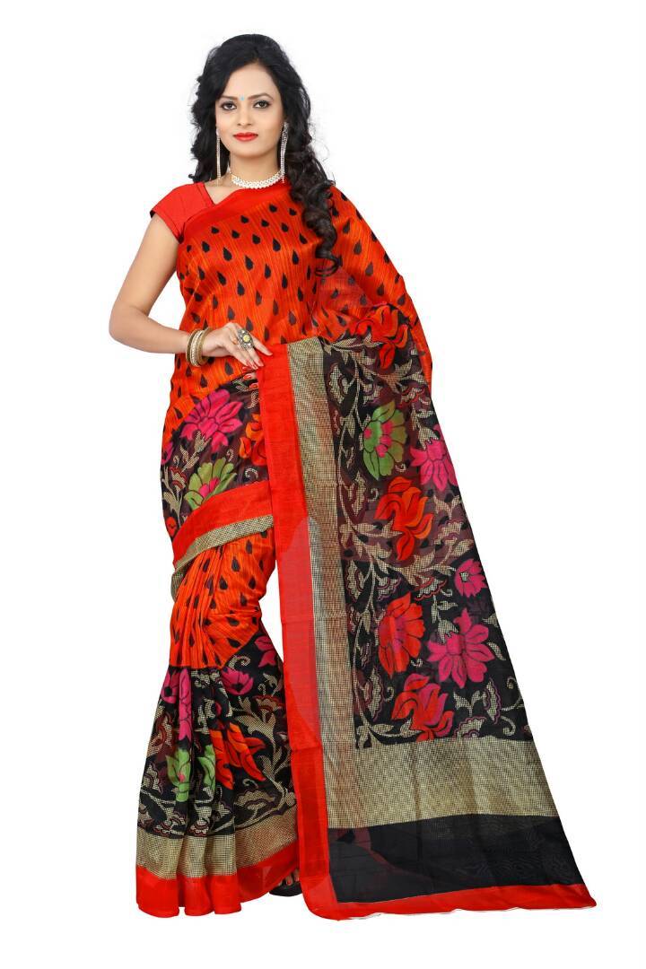 Orange and Black Floral Bhagalpuri Saree-SRE-792