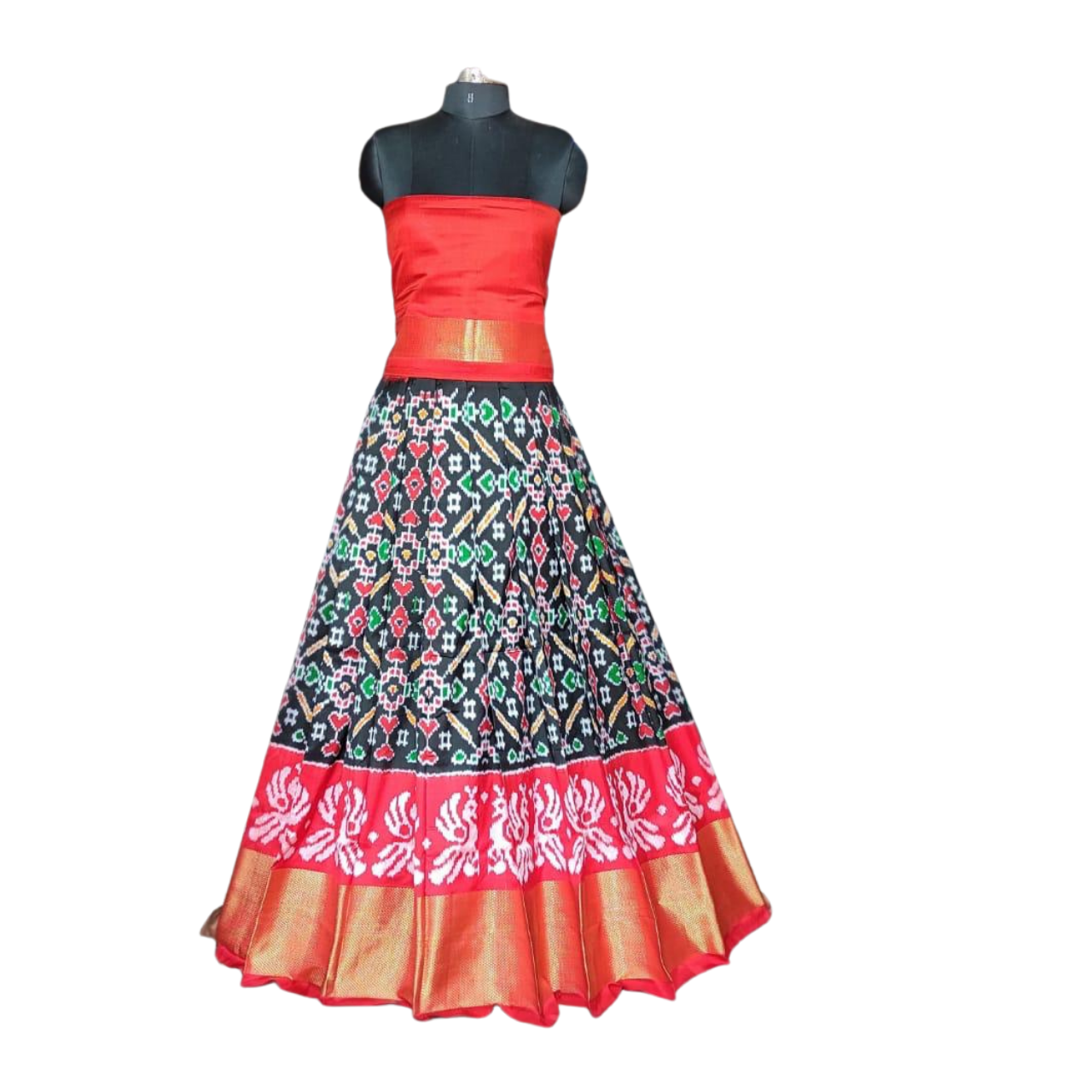 Orange and Black Ikkat Pure Silk Lehanga