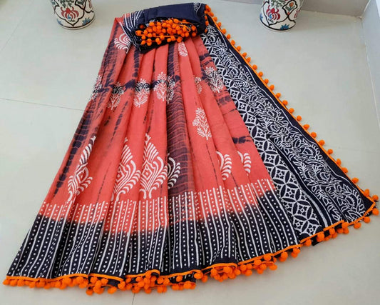 Orange and Black Jaipuri Cotton Saree