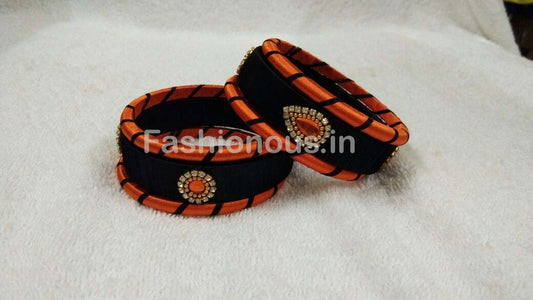 Orange and Black  Stone Worked Silk Thread Bangle Set-STJSW-023