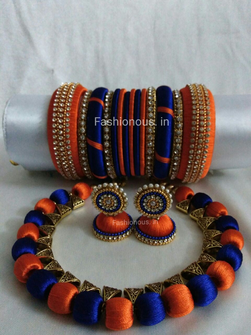 Orange and Blue Silk Thread Jewellery Set