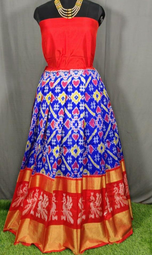 Orange and Dark Blue Ikkat Pure Silk Lehenga