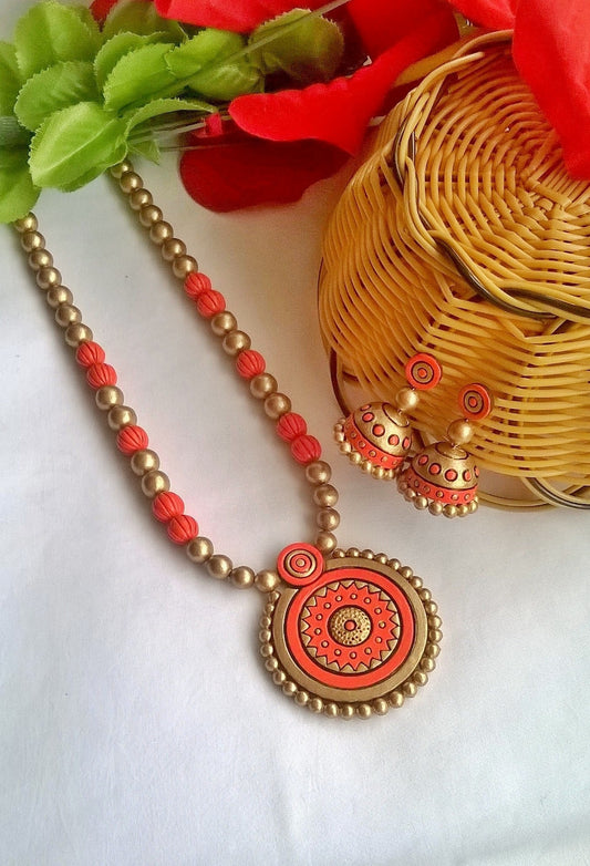 Orange and Golden Circle Terracotta Jewellery Set