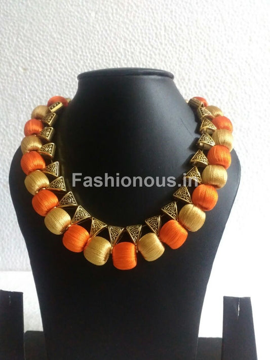 Orange and Golden Silk Thread Necklace