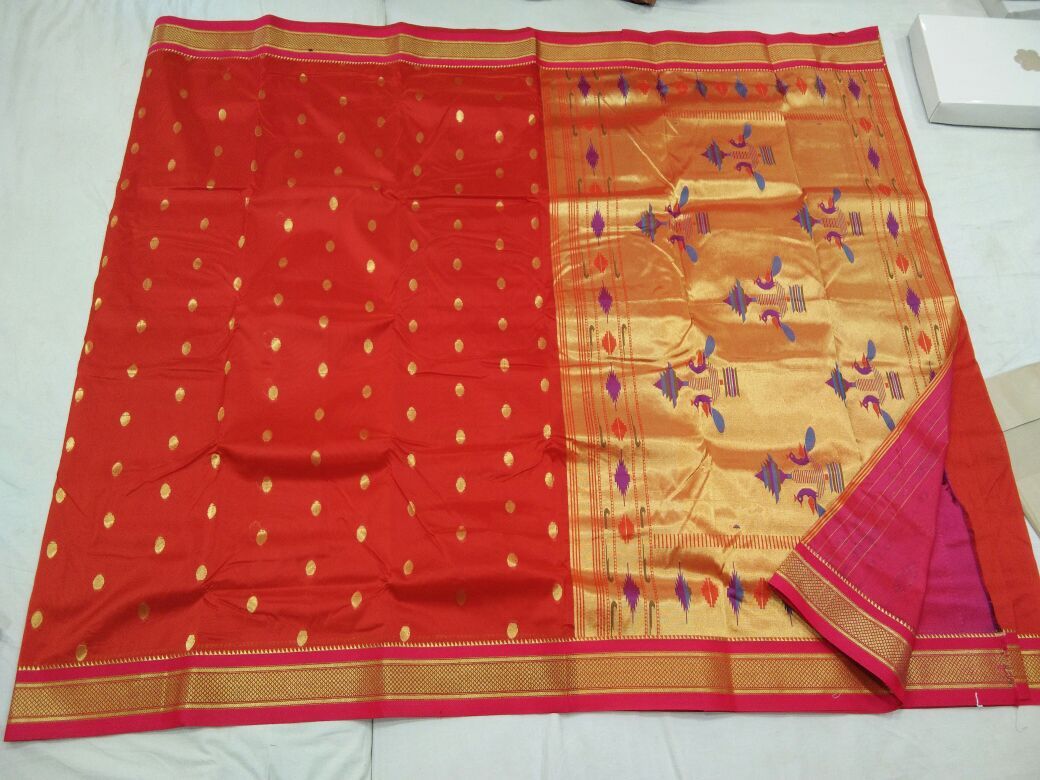 Orange and Pink Border with Golden Peacock Pallu Semi Paithani Saree-PAITHANI-098