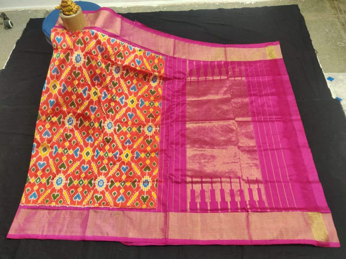 Orange and Pink Pure Ikkat Silk Saree